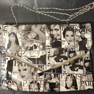 Nicole Miller Magazine Patent Leather Clutch Purse with Chain